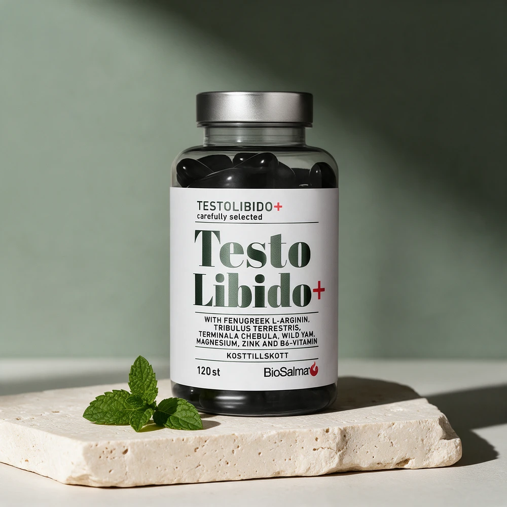 BioSalma TestoLibido+ Man med mørke kapsler synlige i boksen og en kvist peppermynte