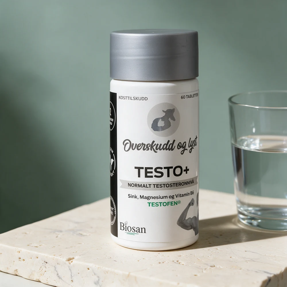 Biosan Testo+ i hvit boks med grått lokk og svart stripe, 60 tabletter