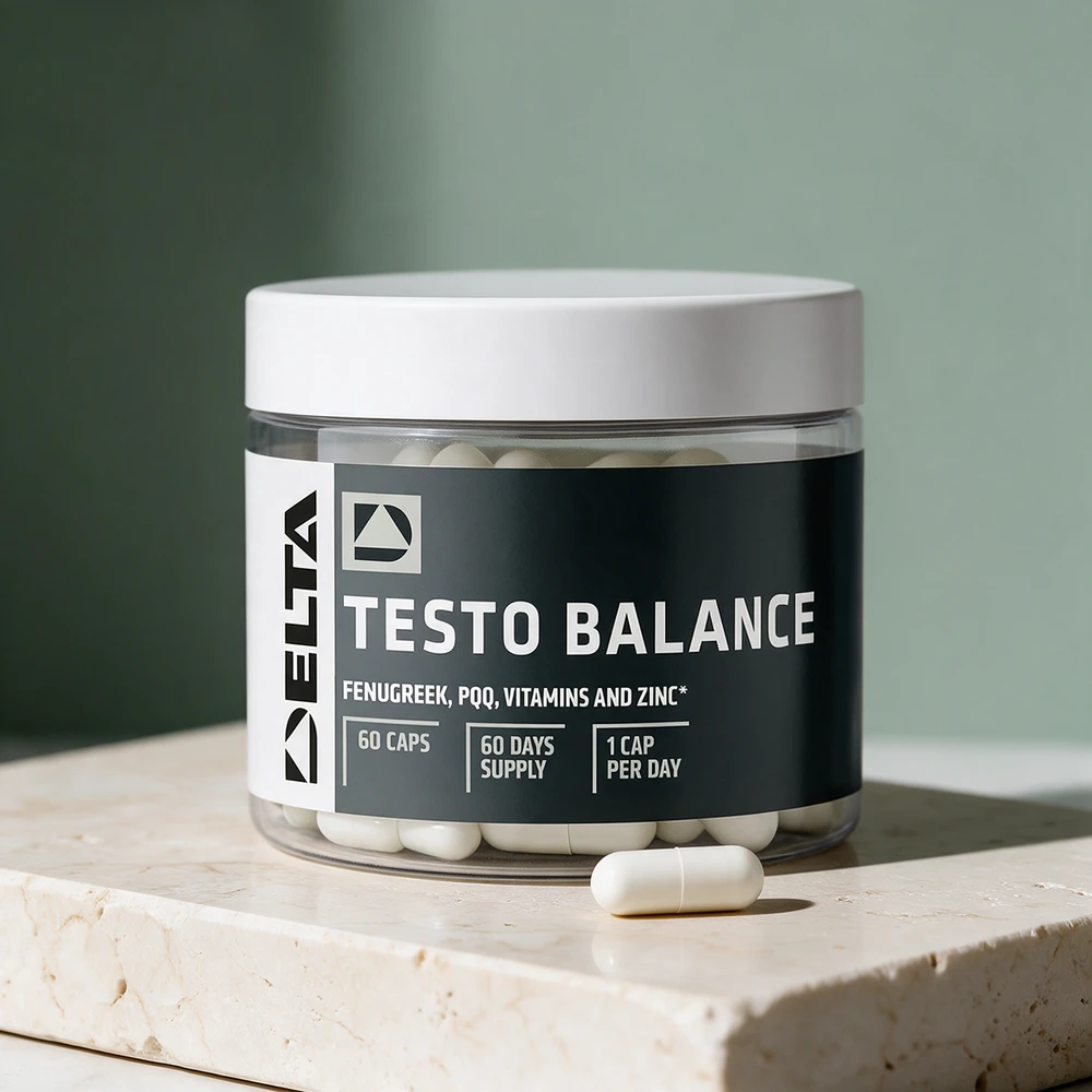 Delta Nutrition Testo Balance i klar plastboks med hvite kapsler synlige og én kapsel foran