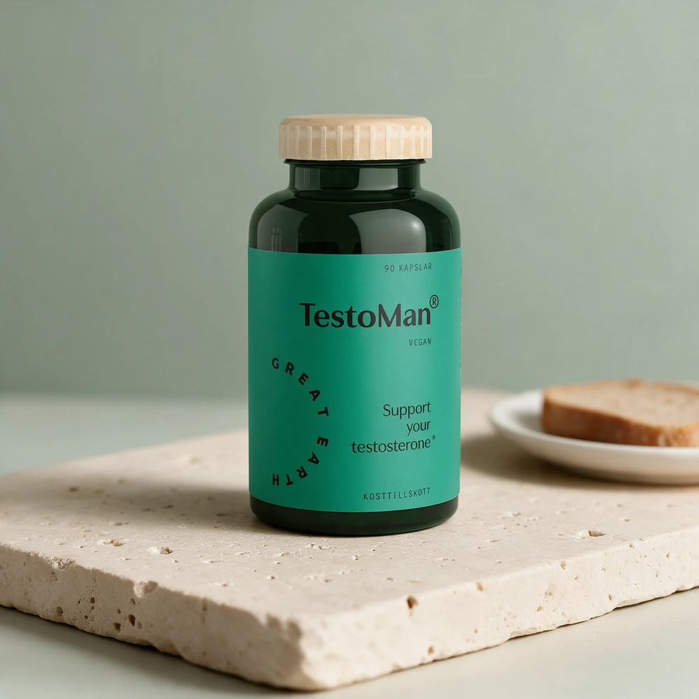 Great Earth TestoMan, merket vegansk, ved en tallerken med en brødskive