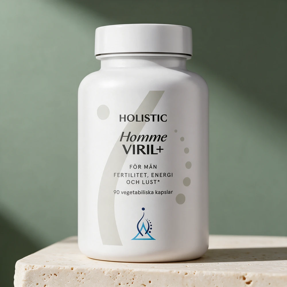 Holistic Homme Viril+ i hvit boks merket for vegetabilske kapsler