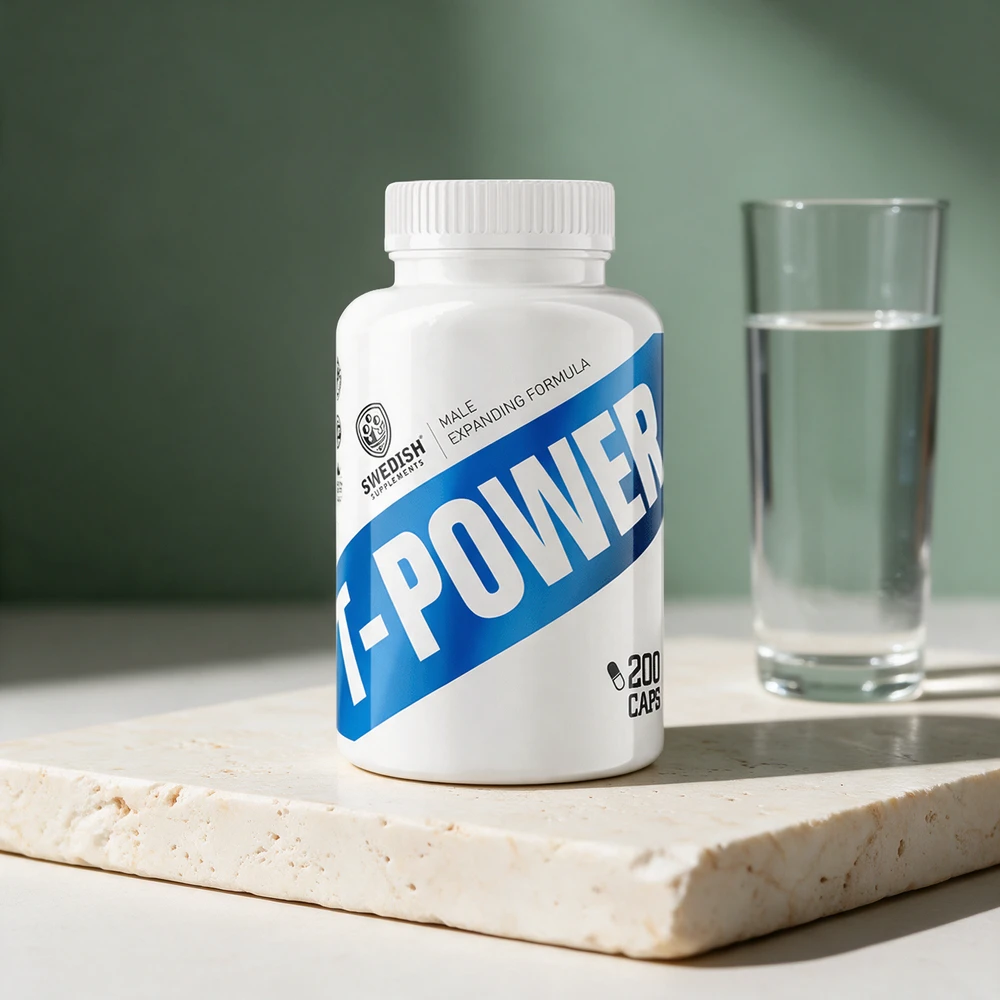Swedish Supplements T-Power Testo ved et høyt glass vann