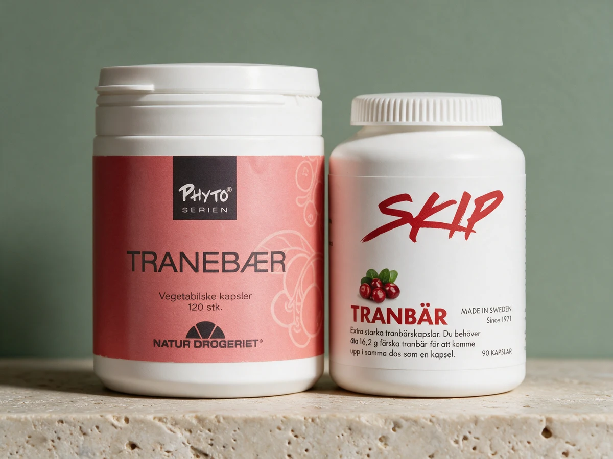 Natur-Drogeriet Tranebær 424 mg og SKIP Tranebær, to rene tranebærbokser med oppgitt bærmengde