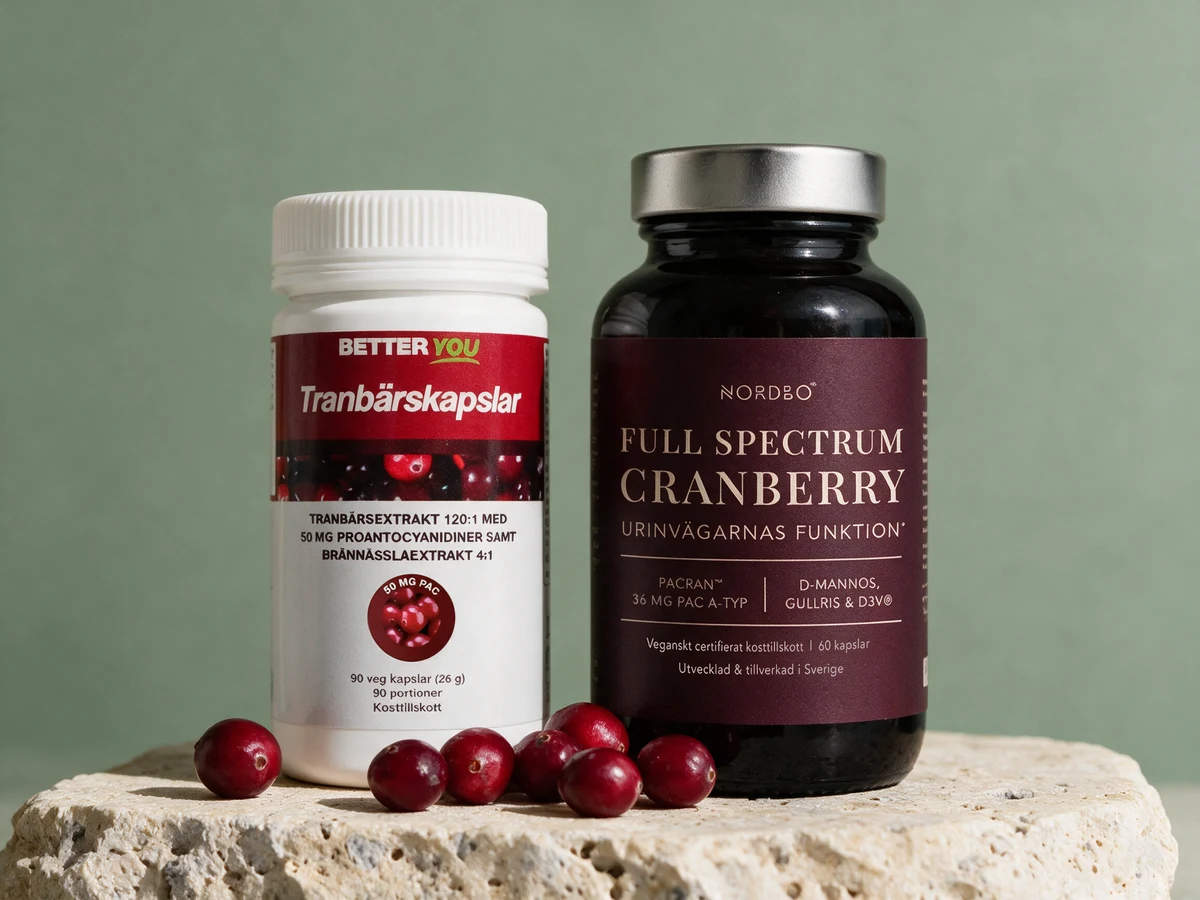 Better You Tranebærkapsler og Nordbo Full Spectrum Cranberry, to bokser som oppgir PAC per dag