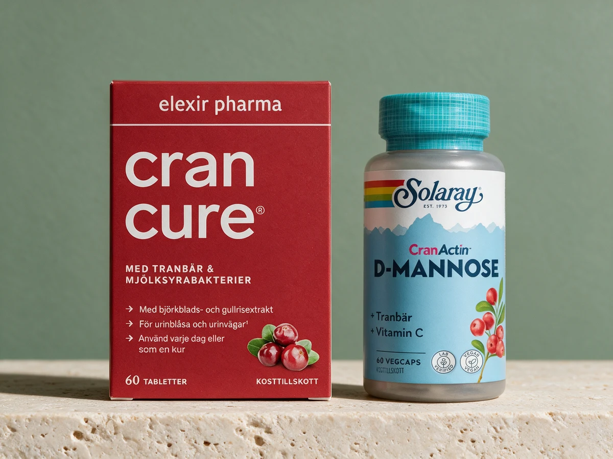 Elexir Pharma Cran Cure og Solaray D-Mannose & CranActin, to blandinger der tranebær deler plassen med andre stoffer