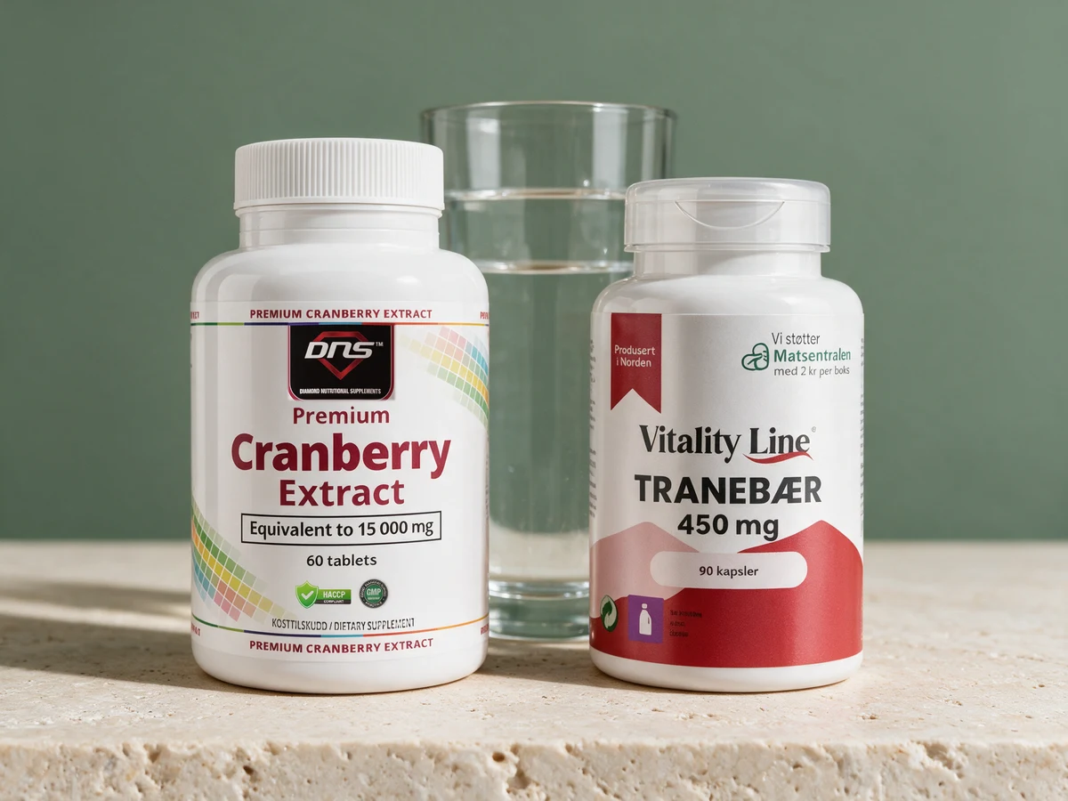 DNS Premium Cranberry Extract og Vitality Line Tranebær 450 mg, én tablett mot to kapsler om dagen