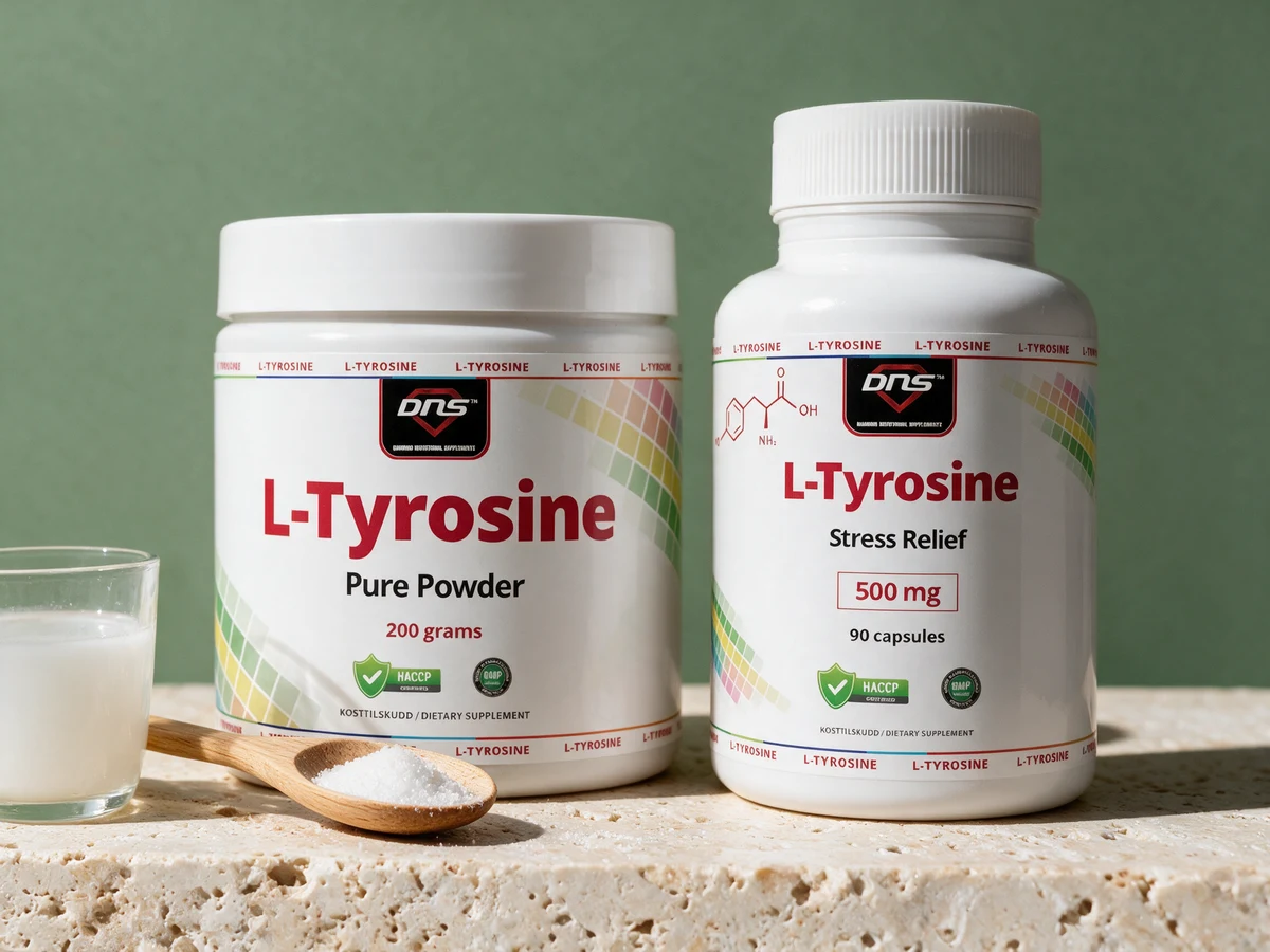 DNS L-Tyrosine Pure Powder, hvit boks merket «200 grams», og DNS L-Tyrosine, hvit boks merket «500 mg»