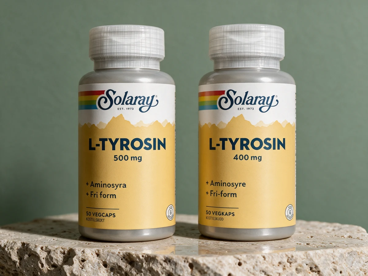 Solaray L-tyrosin 500 mg med svensk etikett og Solaray L-Tyrosin 400 mg med norsk etikett