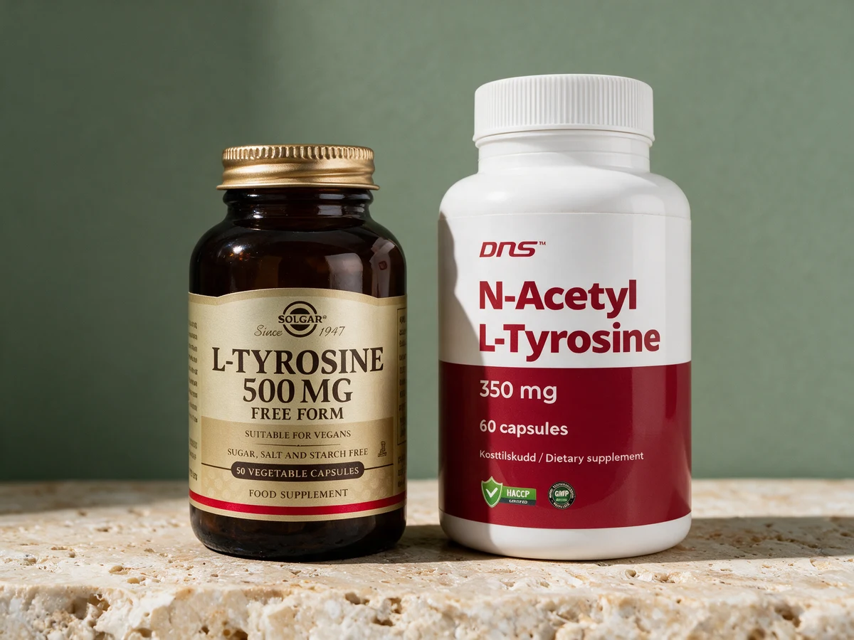Solgar L-Tyrosine i brun glassflaske og DNS N-Acetyl L-Tyrosine i hvit boks merket «350 mg»