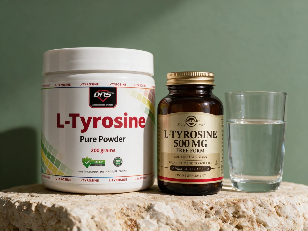 DNS L-Tyrosine Pure Powder og Solgar L-Tyrosine i brun glassflaske, de to som kan gi to gram
