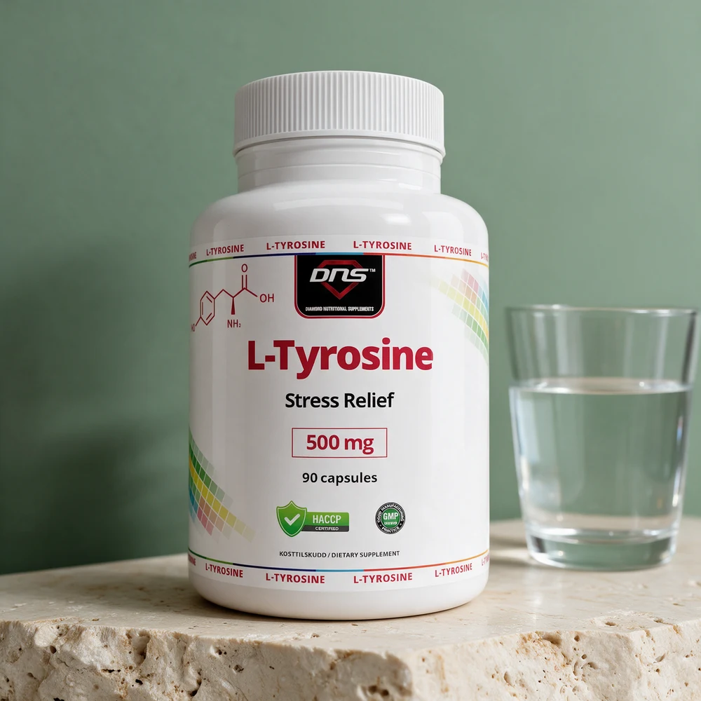 DNS L-Tyrosine, hvit boks merket «500 mg» og «90 capsules»