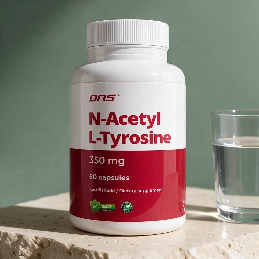 DNS N-Acetyl L-Tyrosine, hvit boks med rødt felt merket «350 mg» og «60 capsules»