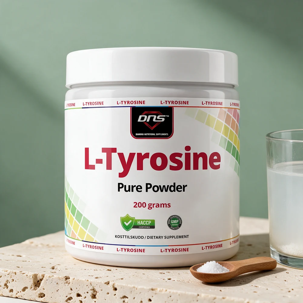 DNS L-Tyrosine Pure Powder, hvit plastboks merket «200 grams»