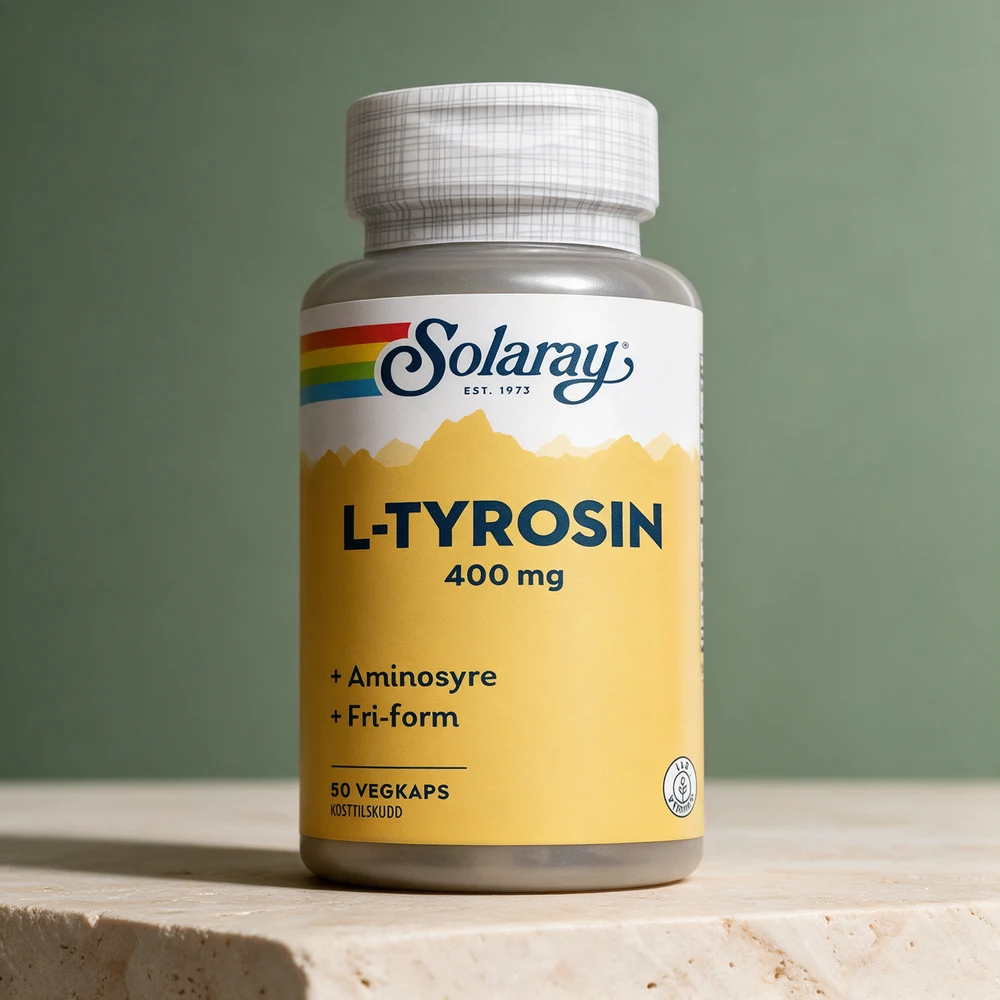 Solaray L-Tyrosin 400 mg, gul etikett med «Fri-form» og «50 vegkaps»