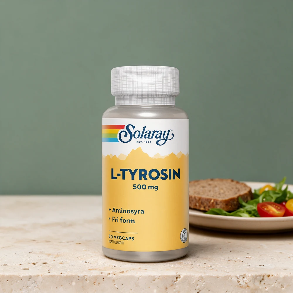 Solaray L-tyrosin 500 mg, gul etikett med «Fri form» og «50 vegcaps»