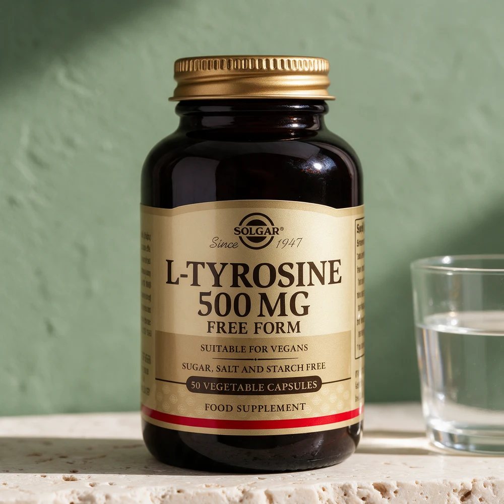 Solgar L-Tyrosine 500 mg i brun glassflaske, gullfarget lokk, etikett med «50 vegetable capsules»