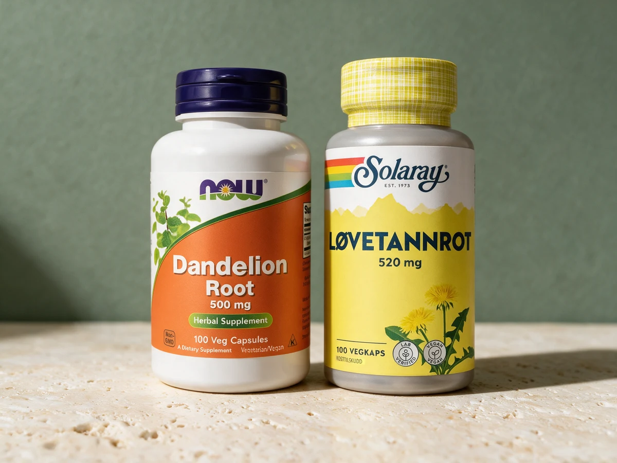 NOW Foods Løvetannrot og Solaray Løvetannrot, malt rot i kapsel med én og fire kapsler om dagen