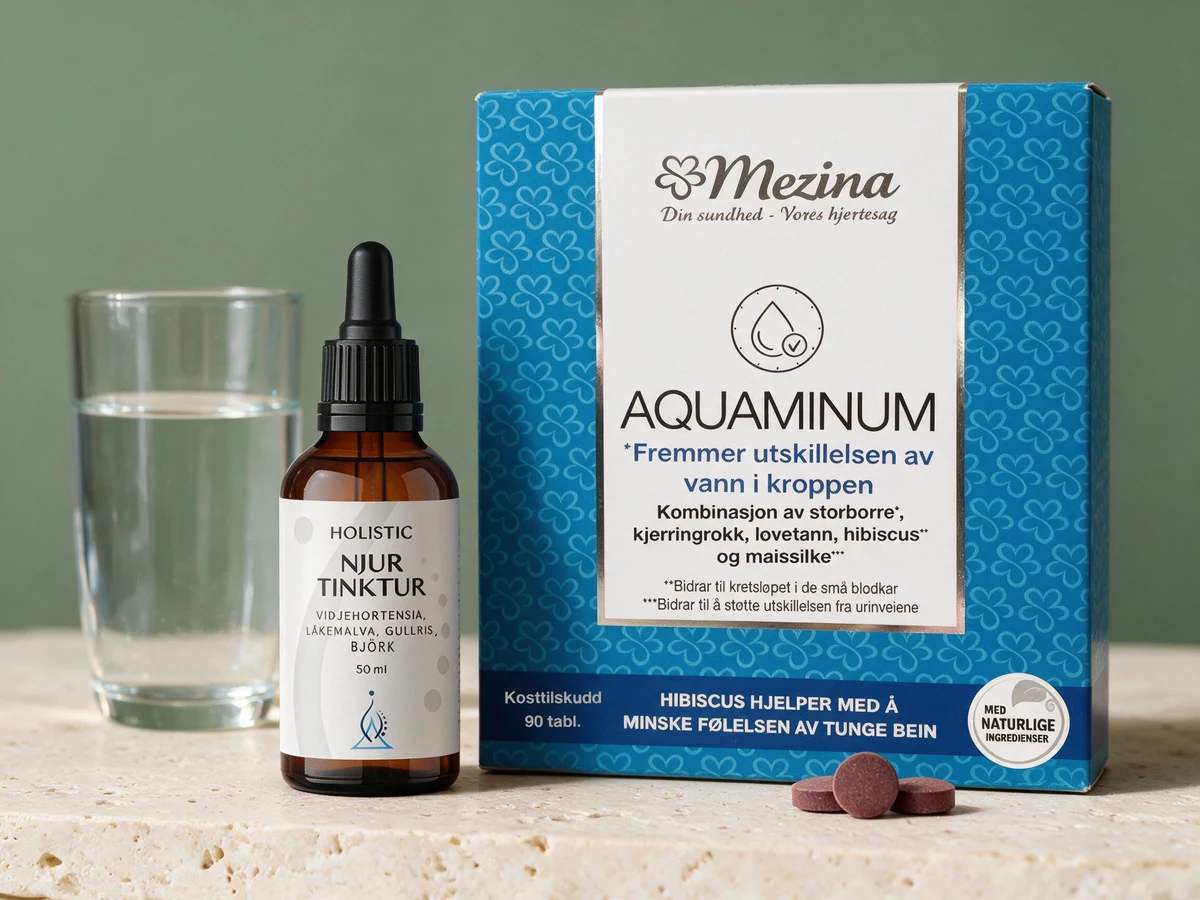 Holistic Njur Tinktur med pipette og Mezina Aquaminum med tabletter, de to blandingene i testen