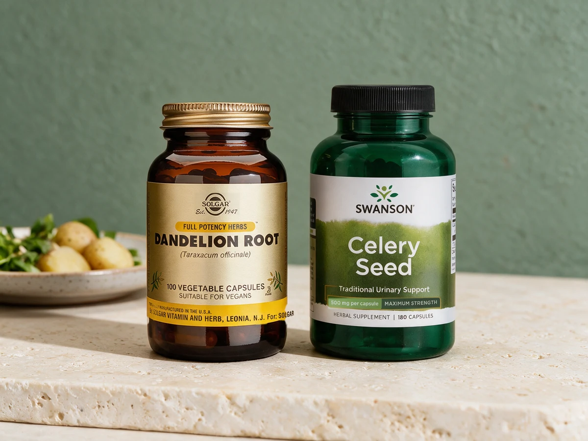 Solgar Dandelion Root i brun glassflaske og Swanson Celery Seed i grønn boks, én dose til måltidet mot tre inntak om dagen