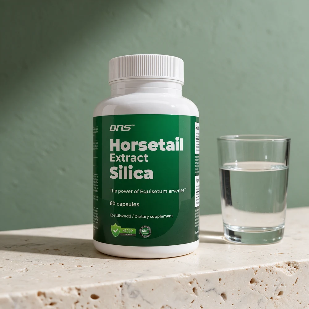 DNS Horsetail Extract Silica, hvit boks med grønn front og 60 kapsler