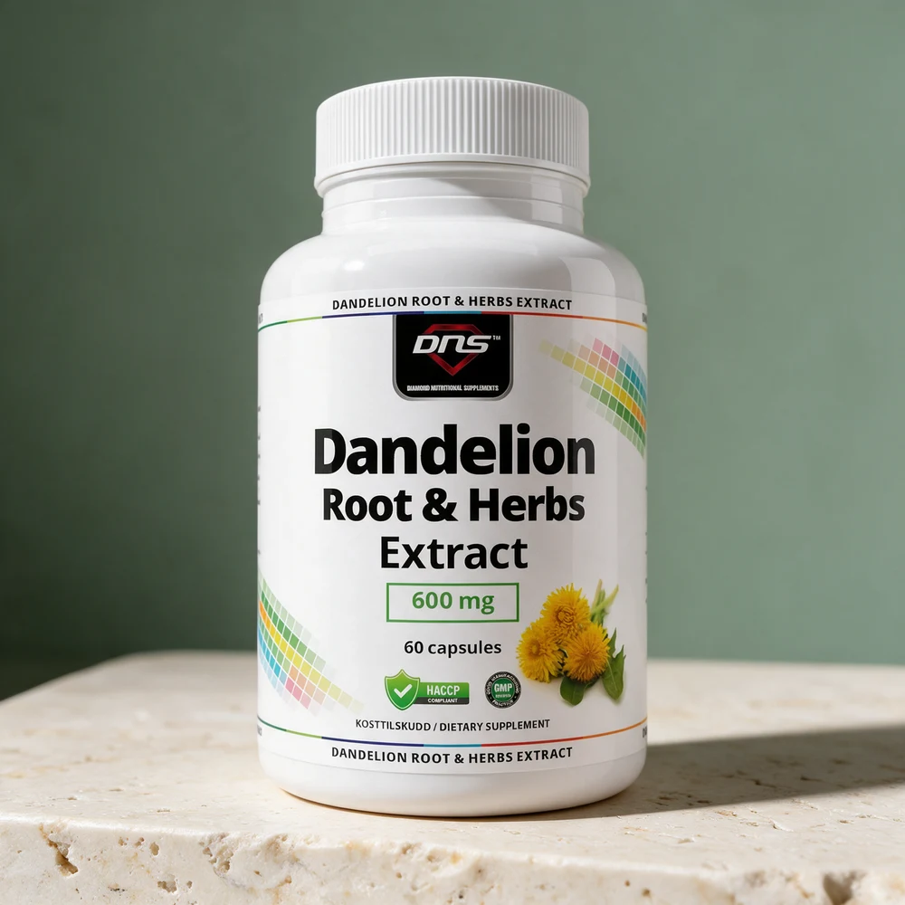 DNS Dandelion Root & Herbs Extract, hvit boks med 600 mg og 60 kapsler