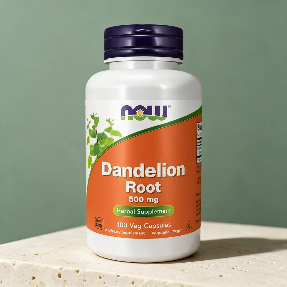 NOW Dandelion Root 500 mg med mørkeblått lokk og 100 vegetabilske kapsler