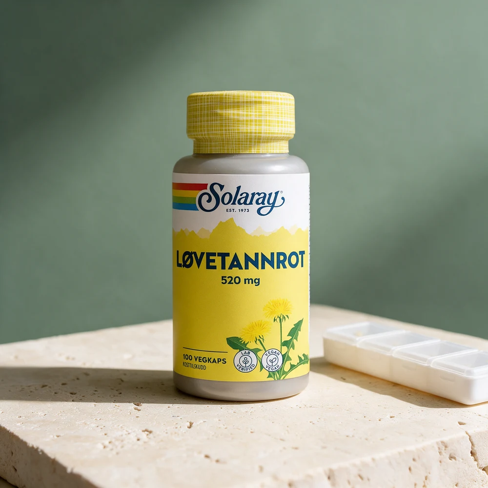 Solaray Løvetannrot 520 mg, boks med gult lokk og 100 vegetabilske kapsler