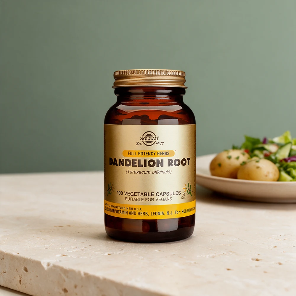 Solgar Dandelion Root, brun glassflaske med gullfarget lokk og 100 vegetabilske kapsler