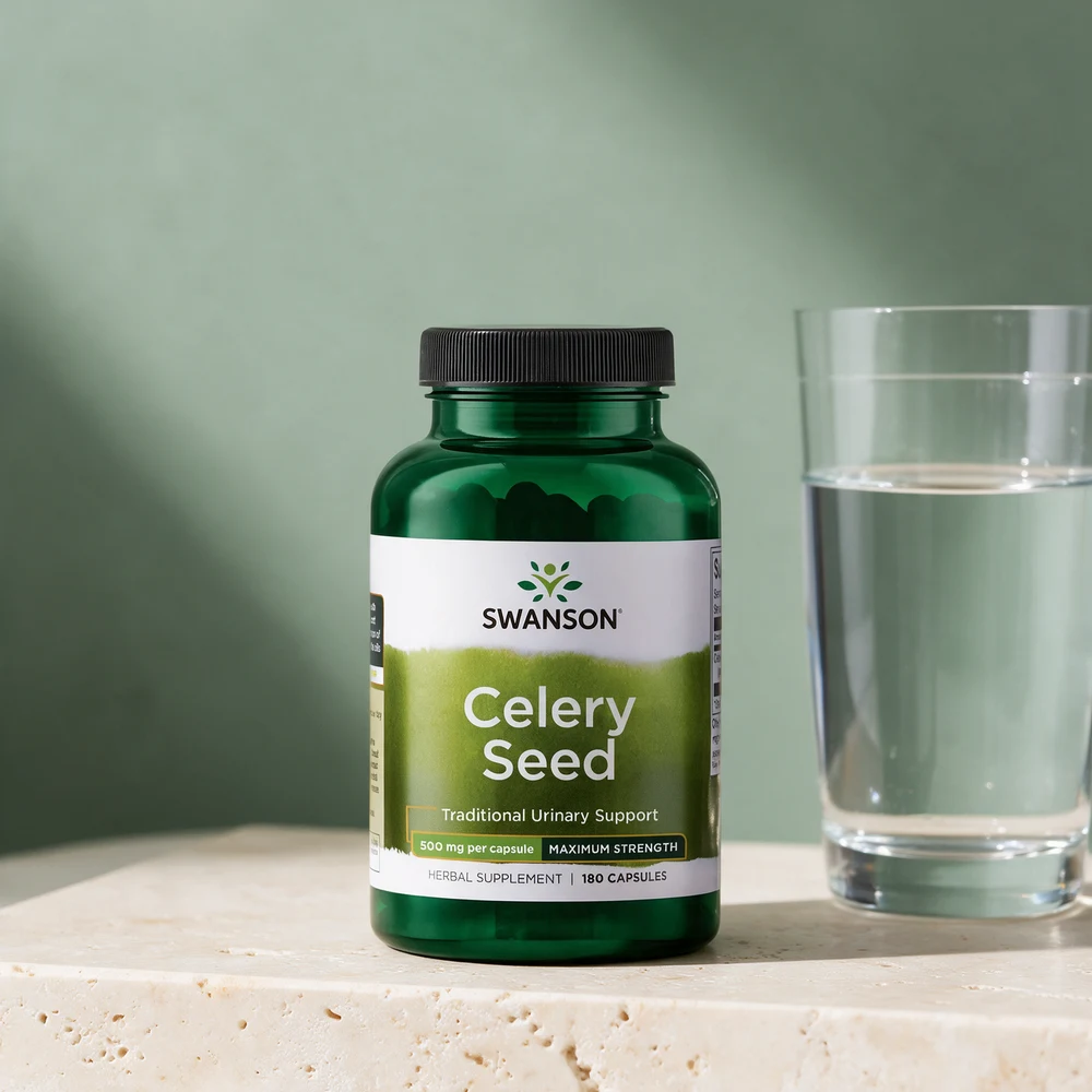 Swanson Celery Seed 500 mg, grønn boks med 180 kapsler sellerifrø