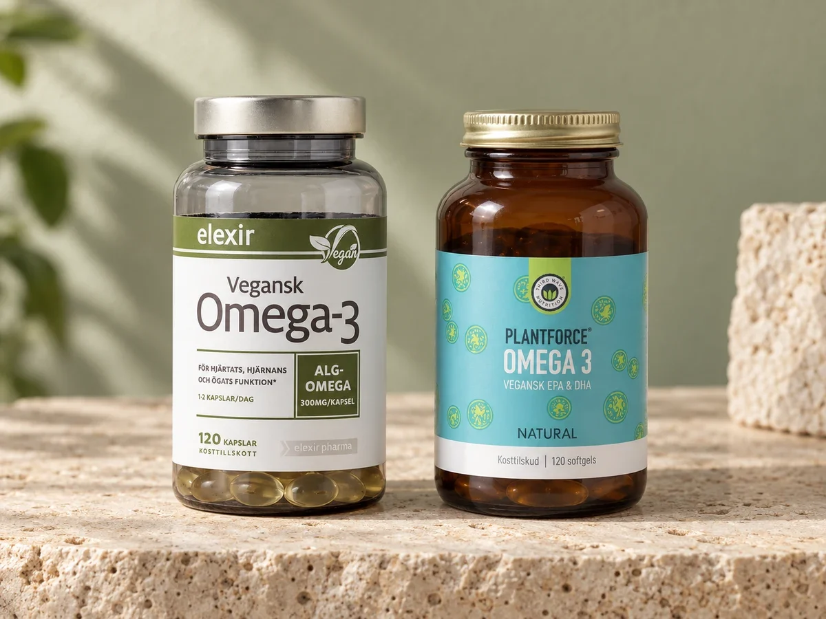 Elexir Pharma Vegansk Omega-3 med 280 mg per kapsel og Plantforce Vegansk Omega-3 med 600 mg per to kapsler side om side