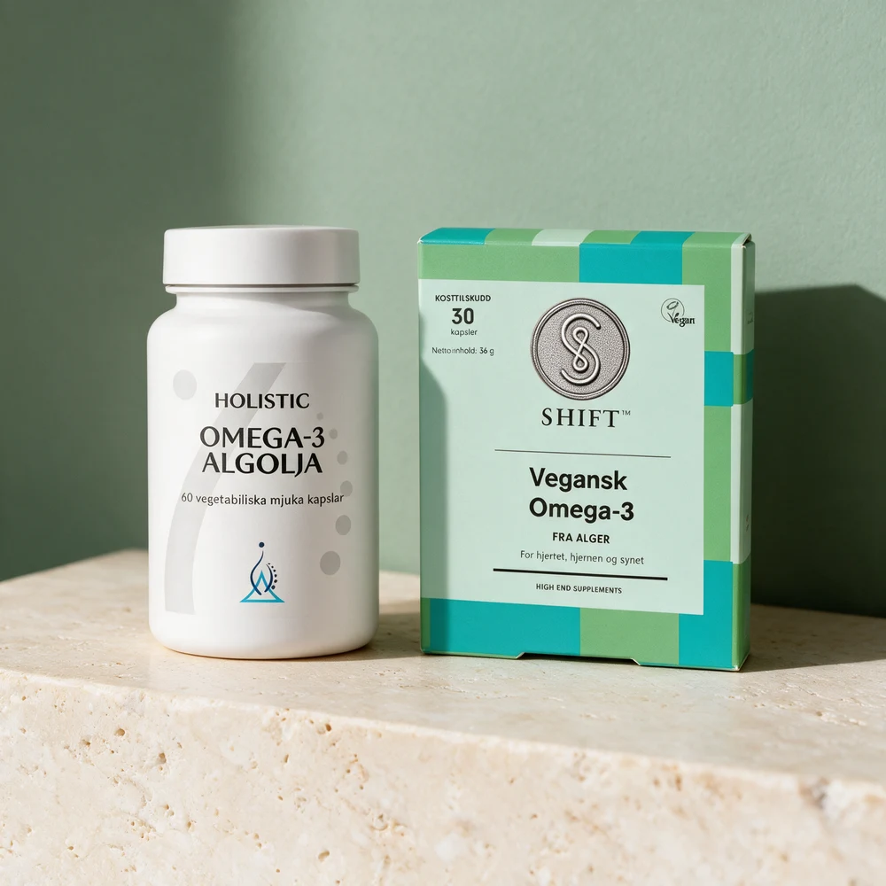 Holistic Omega-3 algeolje med 60 myke kapsler og Shift Vegansk Omega-3 med 30 kapsler