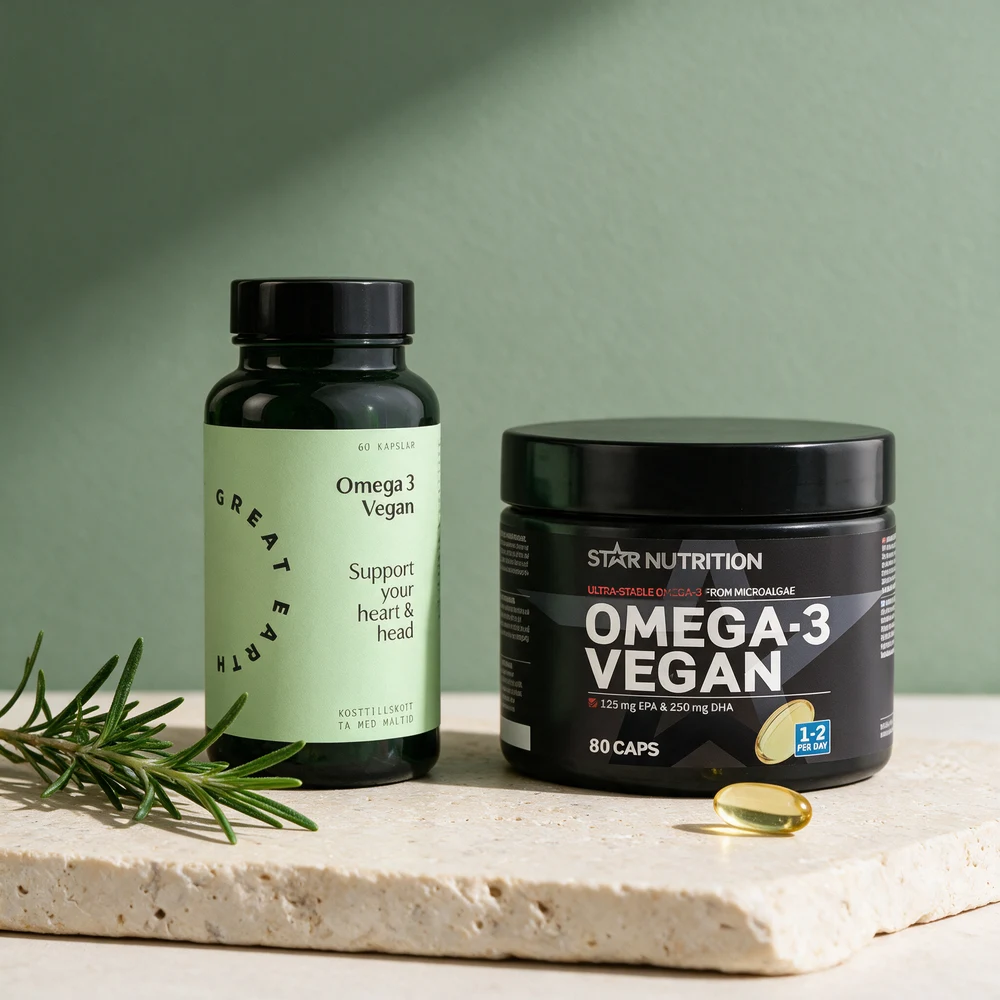 Great Earth Omega 3 Vegan og Star Nutrition Ultimate Omega-3 Vegan, de to algeoljene uten karragenan i skallet