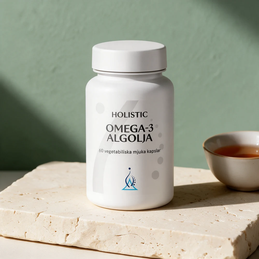 Holistic Omega-3 algeolje i hvit boks ved en kopp te på et travertinbord