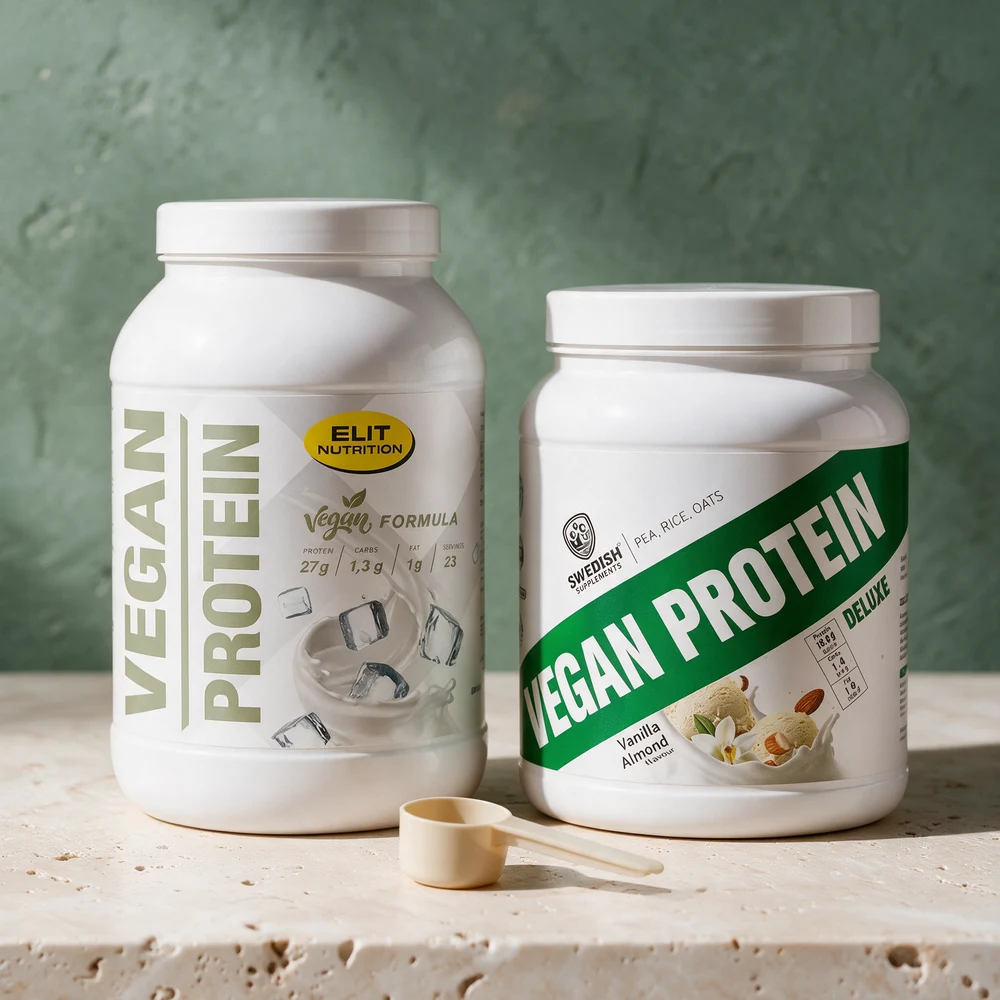 ELIT Vegan Protein og Swedish Supplements Vegan Protein Deluxe Vanilla Almond side om side med en tom måleskje på et travertinbord