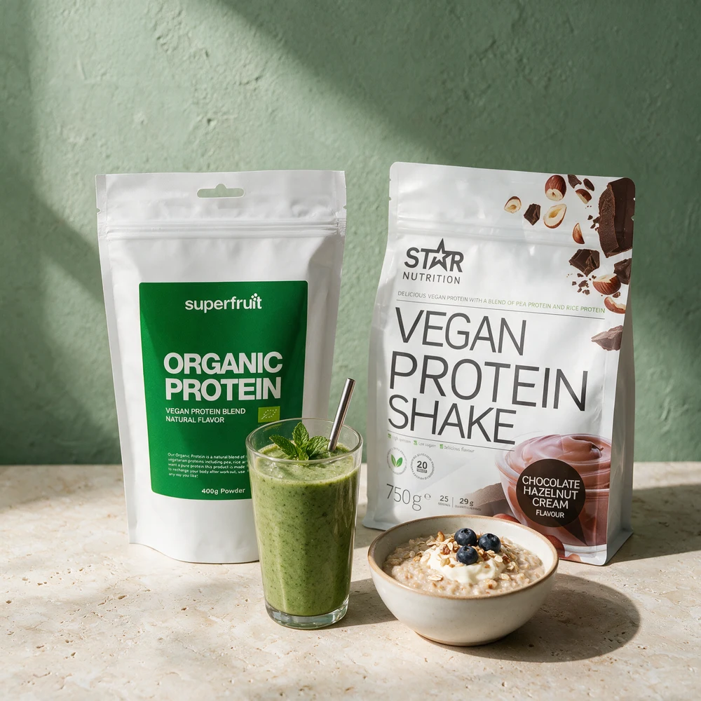 Superfruit Organic Protein og Star Nutrition Vegan Protein Shake med en grønn smoothie og en skål havregrøt på et travertinbord