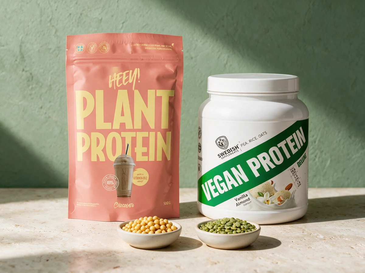 Heey! Vegansk Protein og Swedish Supplements Vegan Protein Deluxe side om side med en skål soyabønner og en skål tørkede erter på et travertinbord