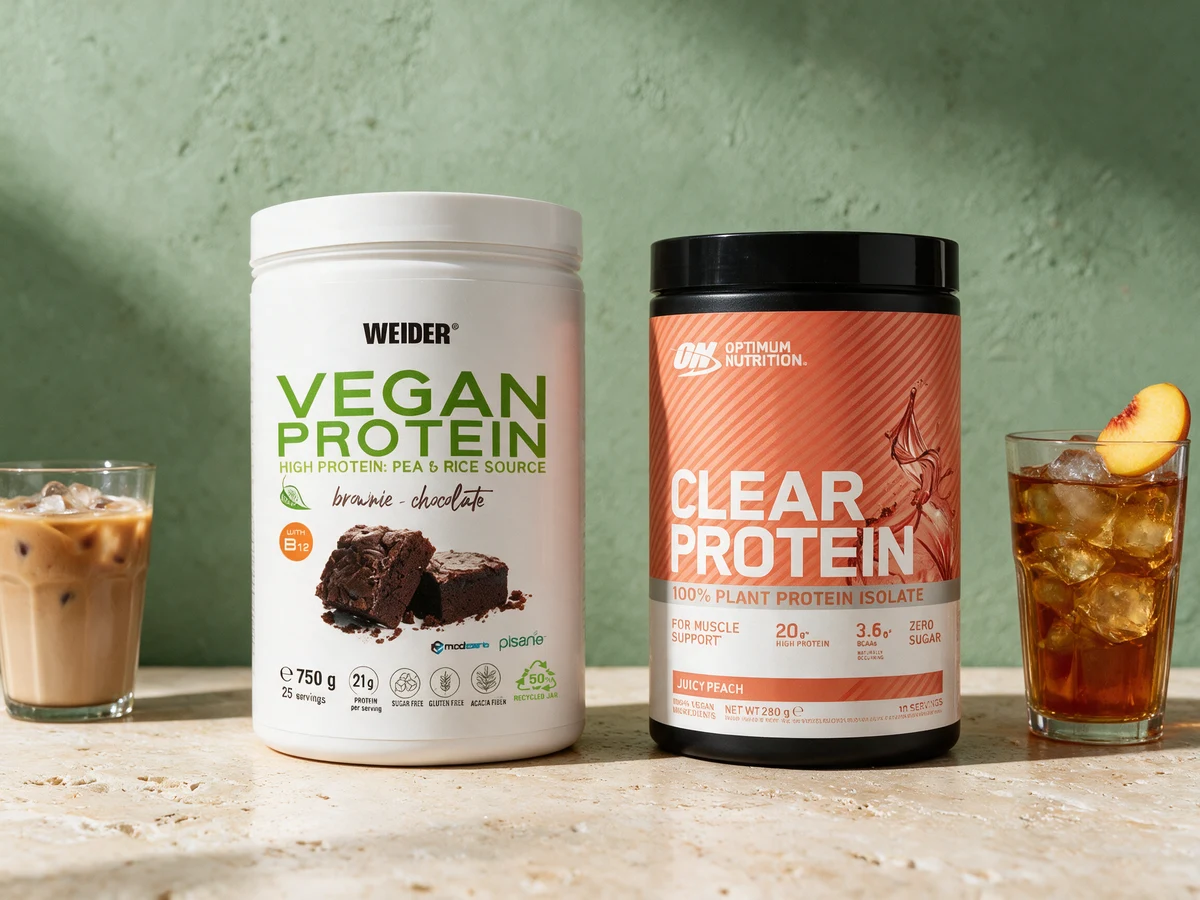 Weider Vegan Protein og Optimum Nutrition Clear Vegan Protein med et glass iskaffe og et høyt glass fersken-iste på et travertinbord