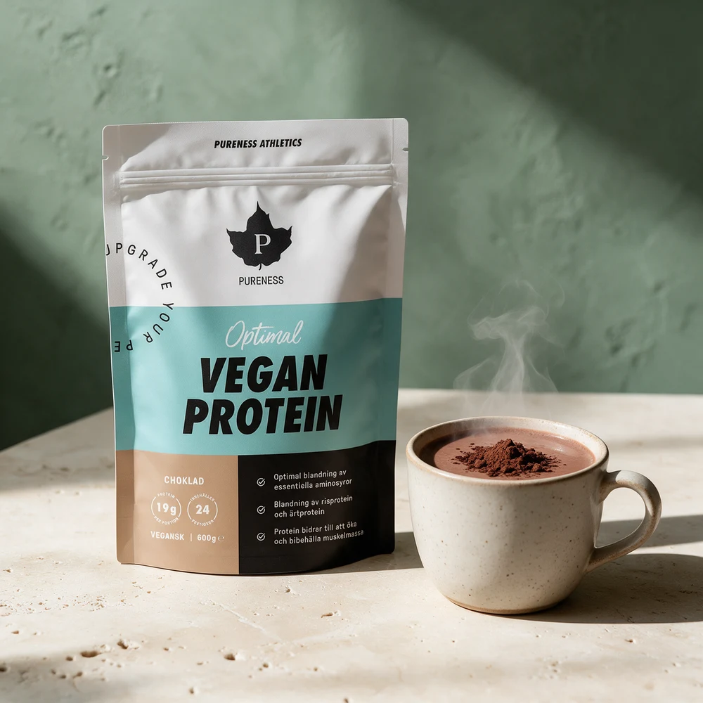 Pureness Athletics Optimal Vegan Protein med sjokolade ved en kopp kakao på et travertinbord