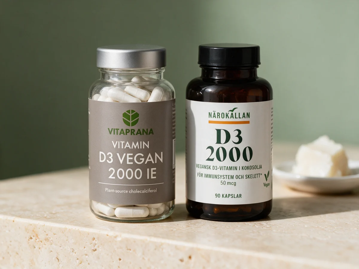 Vitaprana D3 Vegan og Närokällan D3 2000 Vegan, to bokser med 50 µg D3 fra alger i pullulankapsler