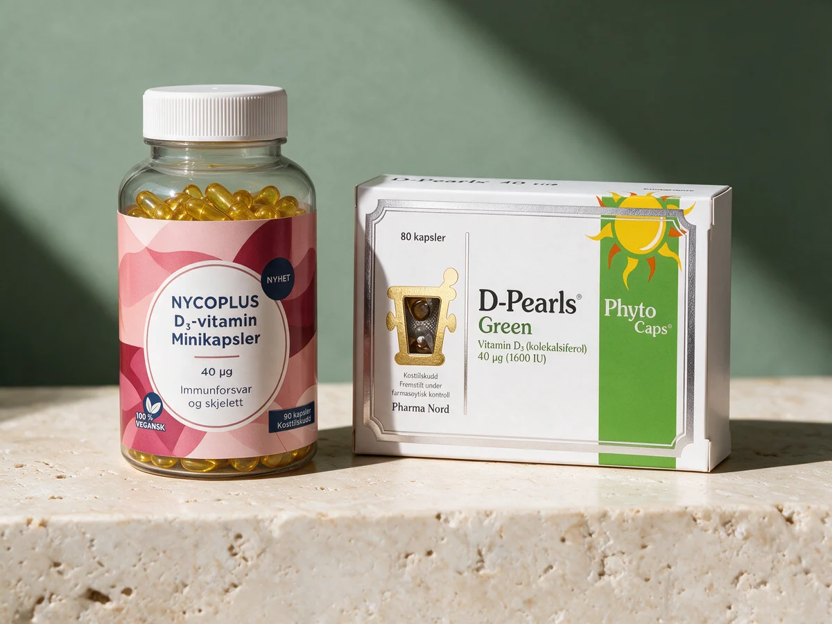 Nycoplus D3 Minikapsler og Pharma Nord D-Pearls Green, en boks og en eske med myke kapsler på 40 µg