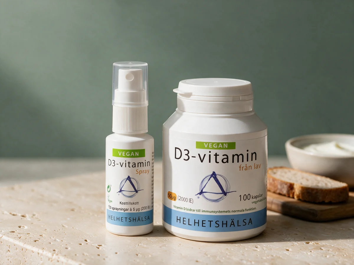 Helhetshälsa D3-vitamin Spray og Helhetshälsa D3 Vegan 50 µg, en sprayflaske og en kapselboks fra samme merke