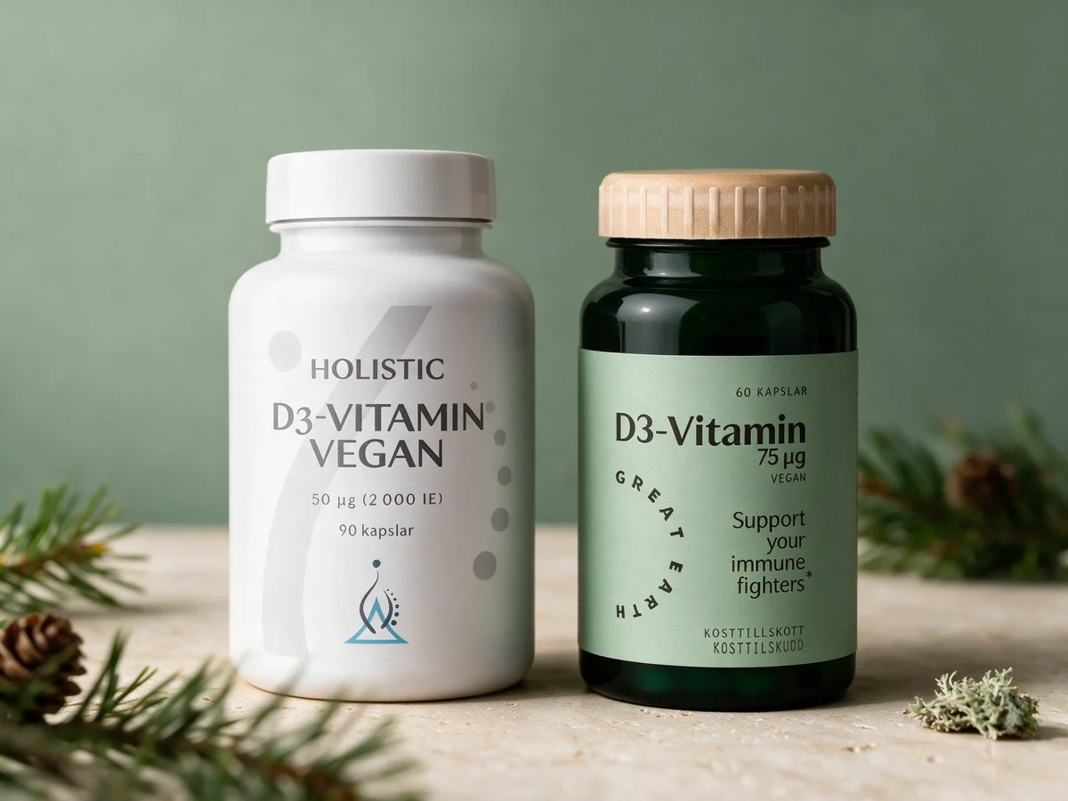 Holistic D3-vitamin Vegan med D3 fra furu og Great Earth D3 Vegan med D3 fra lav