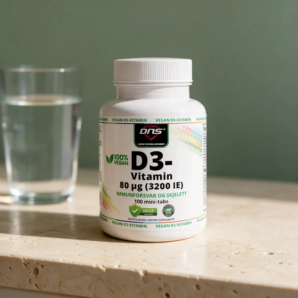 DNS Vegansk D3, boks med 80 µg-tabletter, åtte ganger anbefalt dose per tablett