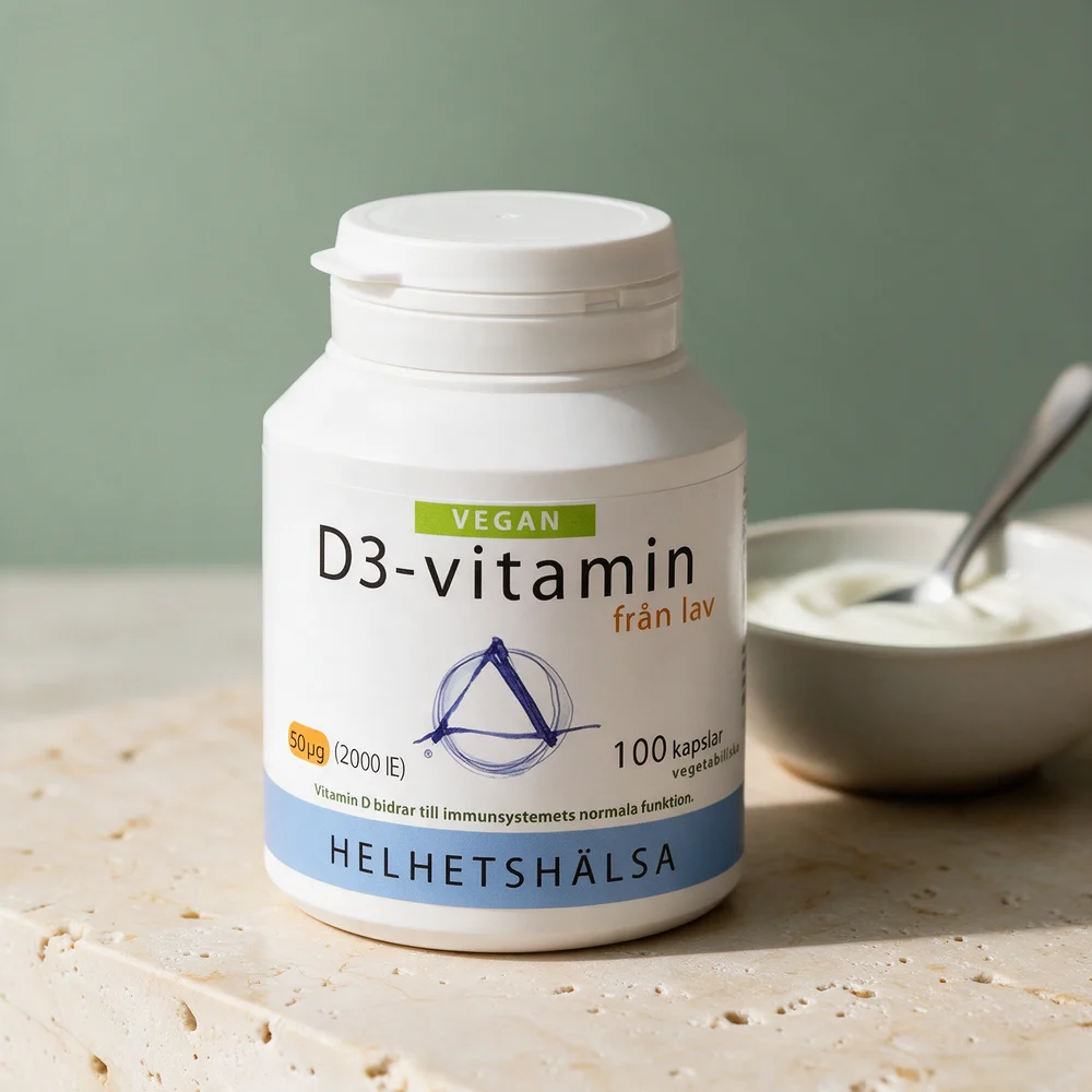 Helhetshälsa D3 Vegan 50 µg, boks med kapsler som kan åpnes og strøs over maten