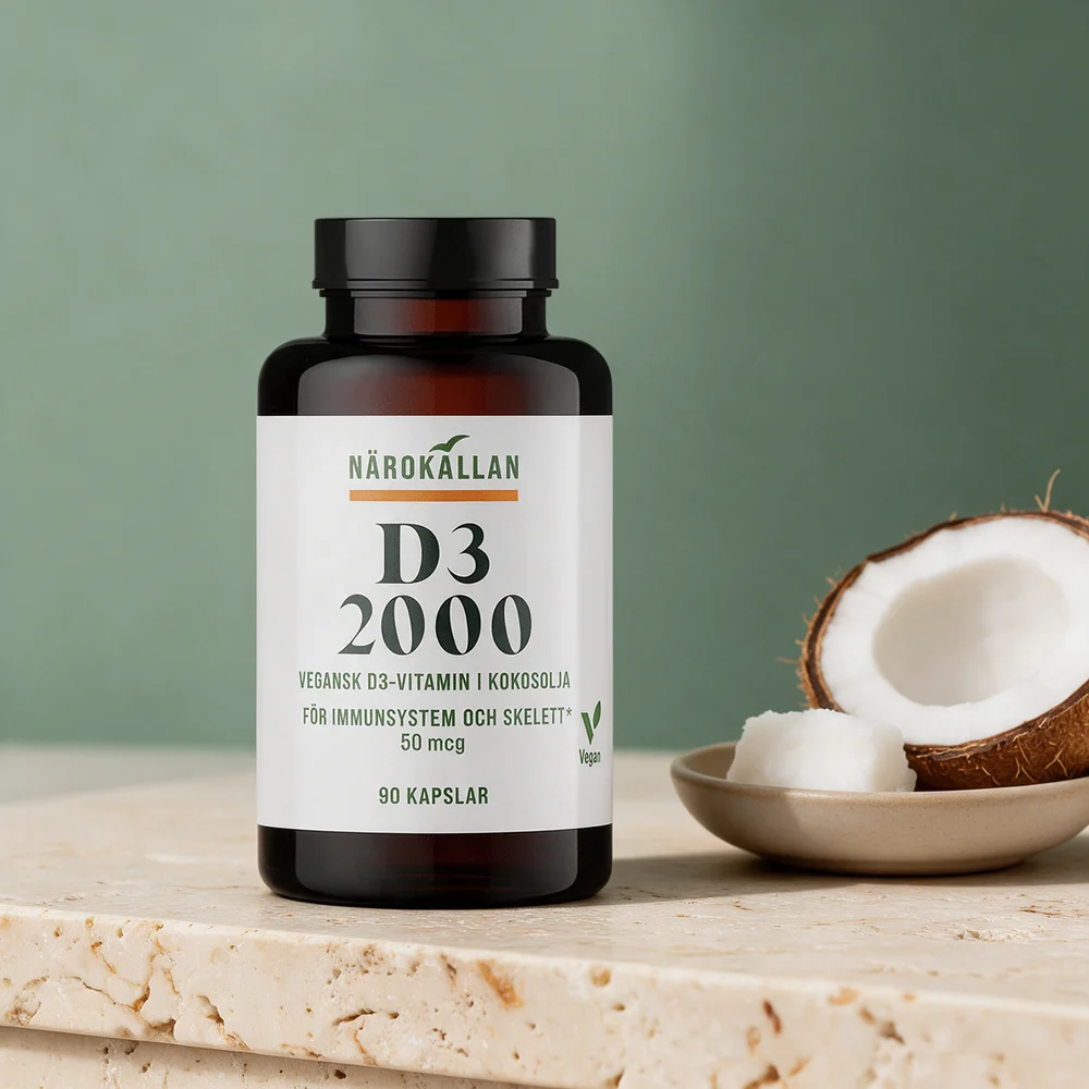 Närokällan D3 2000 Vegan, boks med D3 fra alger i kokosolje