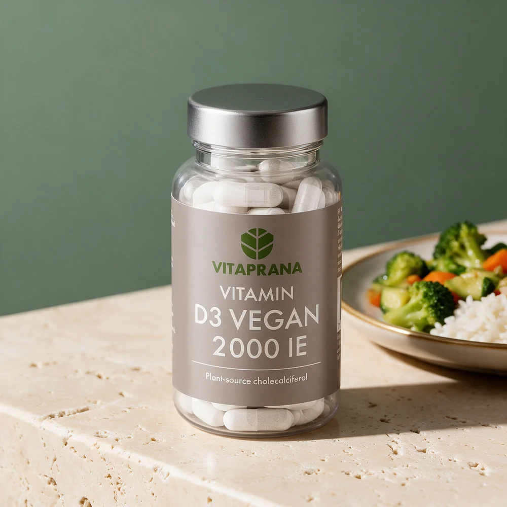 Vitaprana D3 Vegan, boks med hvite kapsler som er tørre og uten dyr i skallet