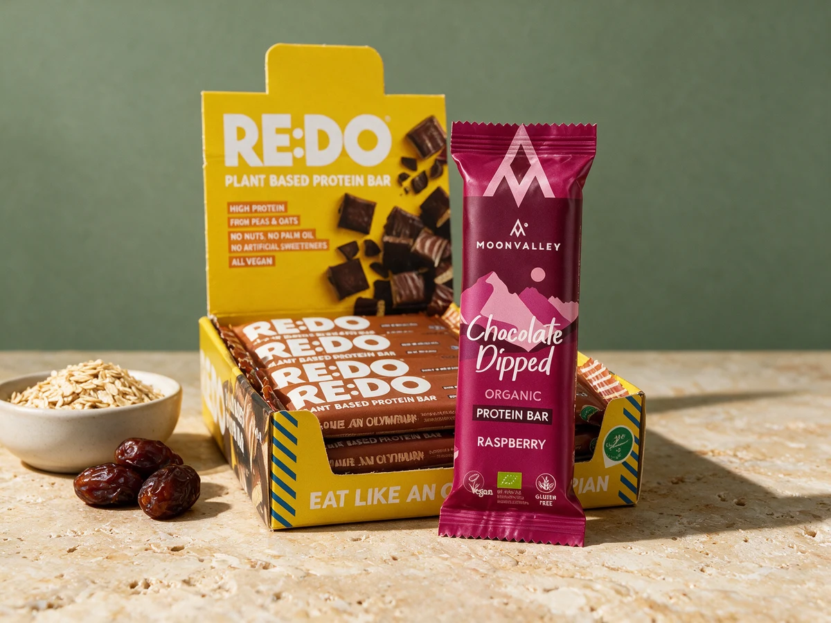 Esken til RE:DO Plant Based Protein Bar og en Moonvalley Chocolate Dipped Raspberry på 50 gram