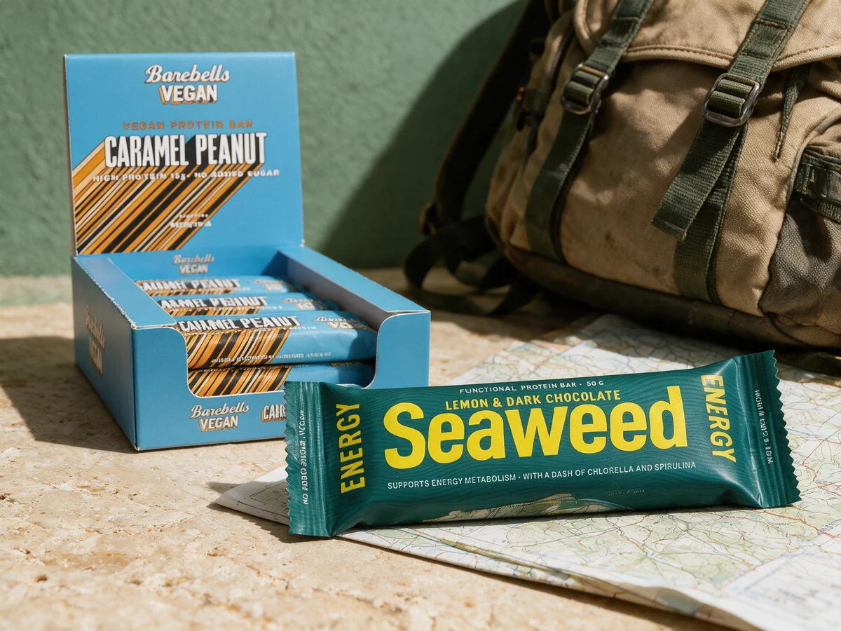 Esken til Barebells Vegan Caramel Peanut og en Seaweed Energy Lemon & Dark Chocolate på 50 gram
