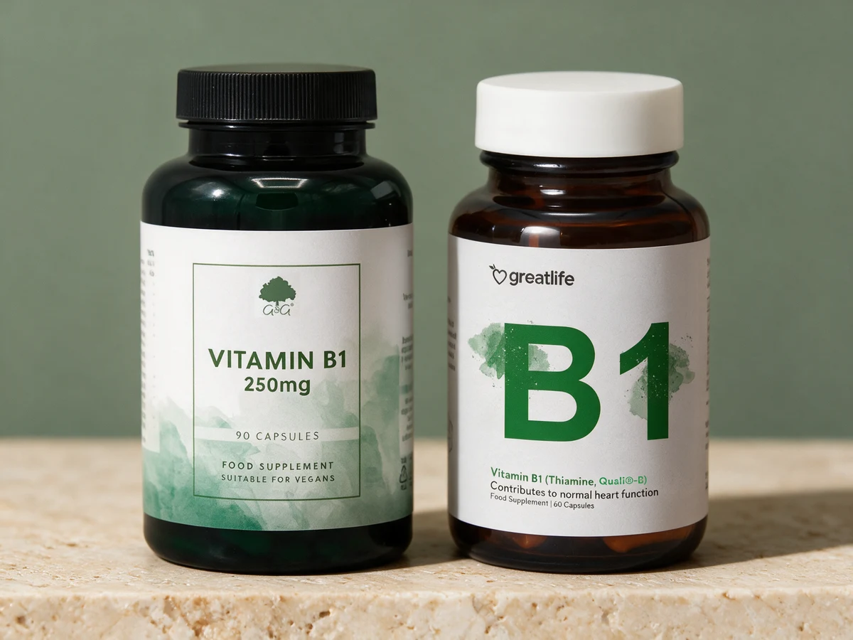G&G Vitamin B1 250 mg og Greatlife Vitamin B1 (Thiamine, Quali-B), to bokser med tiaminhydroklorid