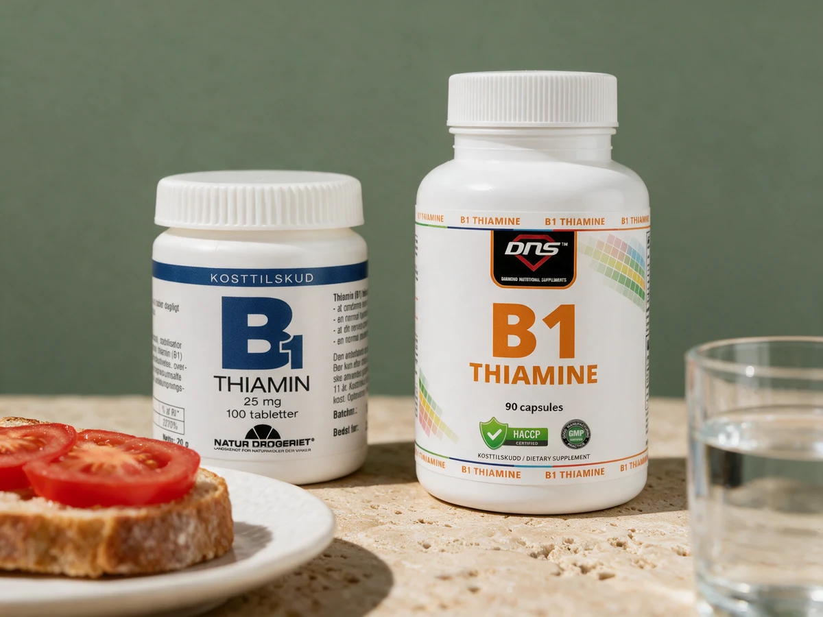 Natur-Drogeriet B1 Thiamin 25 mg, boks med 100 tabletter, og DNS B1 Thiamine, boks med 90 kapsler